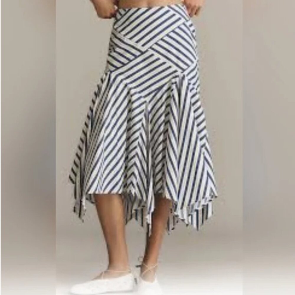 Anthropologie Navy & White Striped Handkerchief Midi Skirt